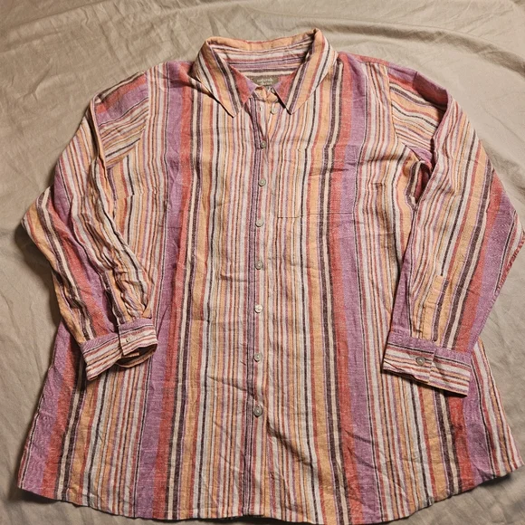 Naturals D&Co. Women's LP Linen Blend Striped Button-Down Multi-Color Top - Picture 2 of 10